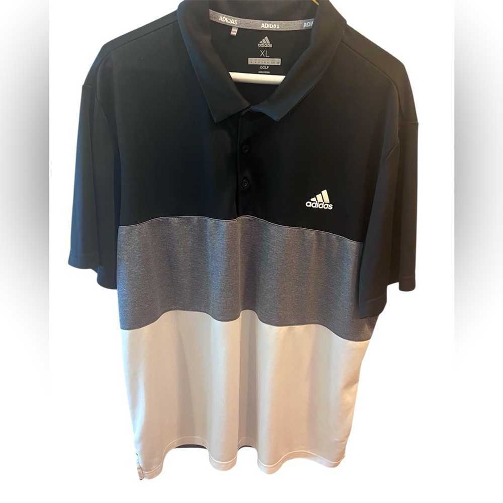Sporty Adidas Black/White/Gray Color Block Short Sleeve Golf Shirt.  Size = XL.